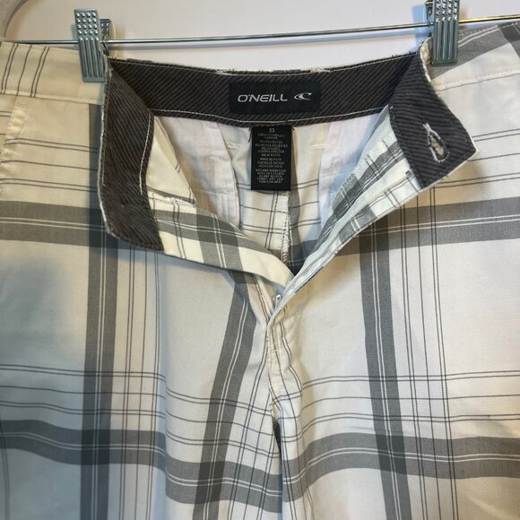 O’Neill Men’s Plaid Shorts Beige Gray Size 33 Surf Skate Casual - Picture 3 of 3
